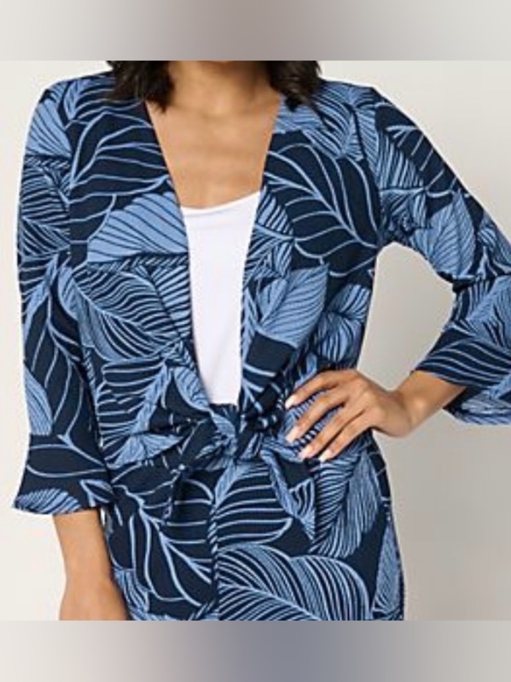 Susan Graver Printed Textured Knit Flounce-Sleeve Tie Front Shrug